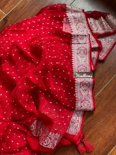 Pure Georgette Dupatta - Red silver zari