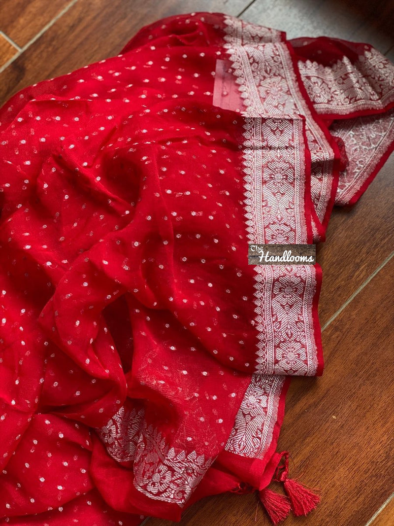 Pure Georgette Dupatta - Red silver zari - The Handlooms