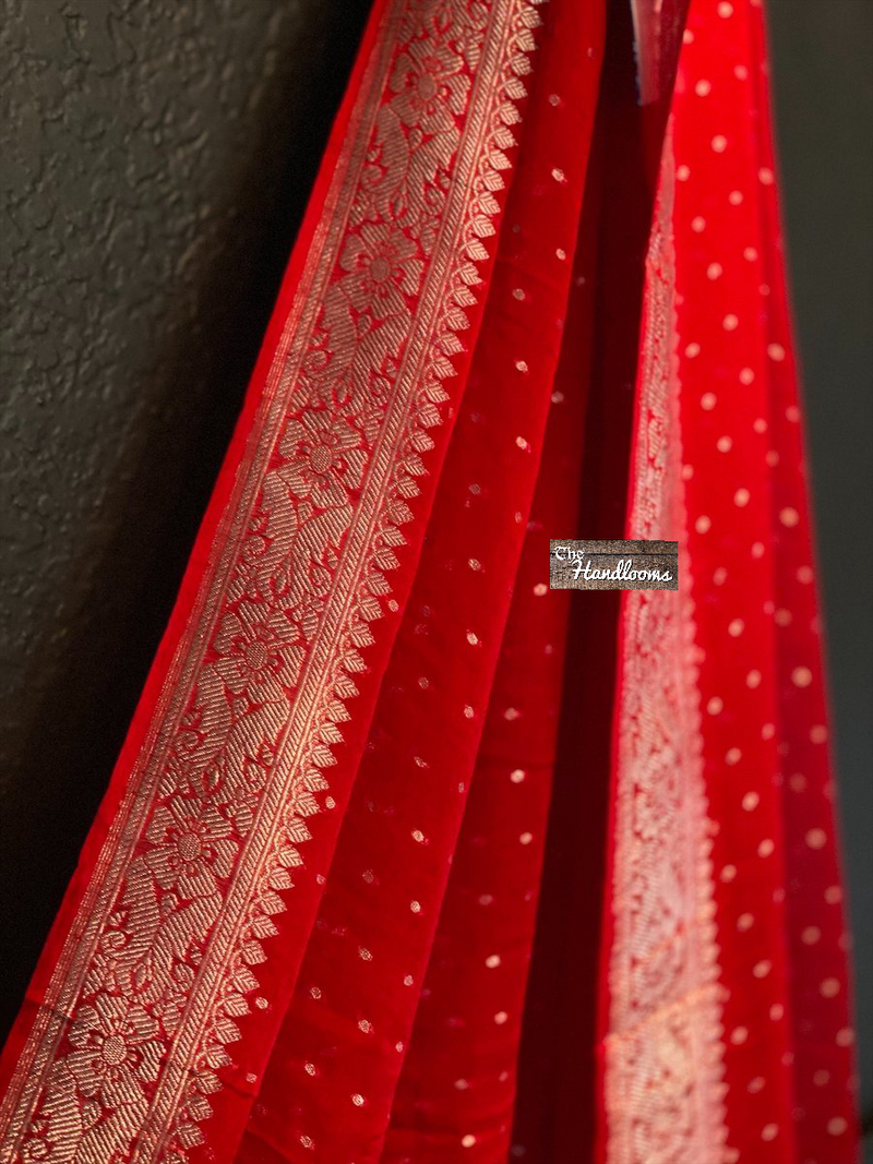 Pure Georgette Dupatta - Red silver zari - The Handlooms