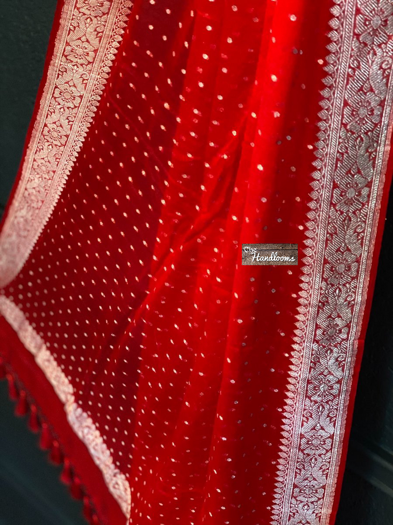 Pure Georgette Dupatta - Red silver zari - The Handlooms