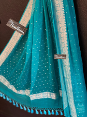 Pure Georgette Handwoven Dupatta - Firozi silver zari - The Handlooms