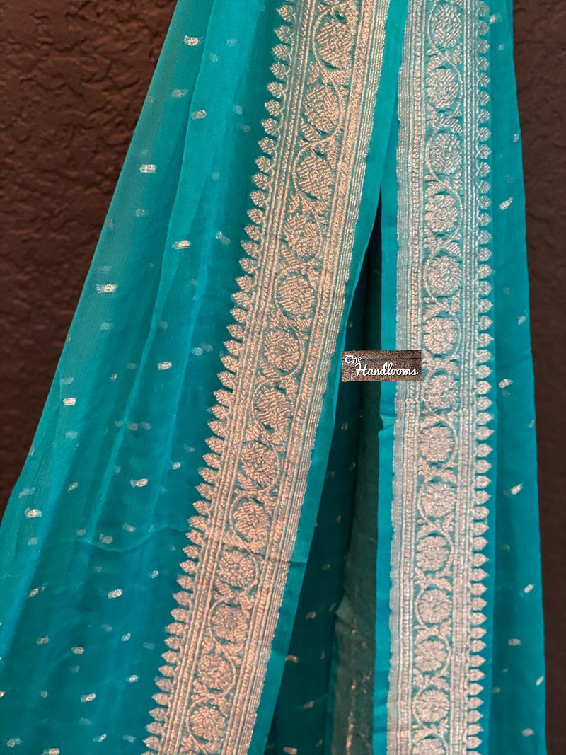 Pure Georgette Handwoven Dupatta - Firozi silver zari - The Handlooms