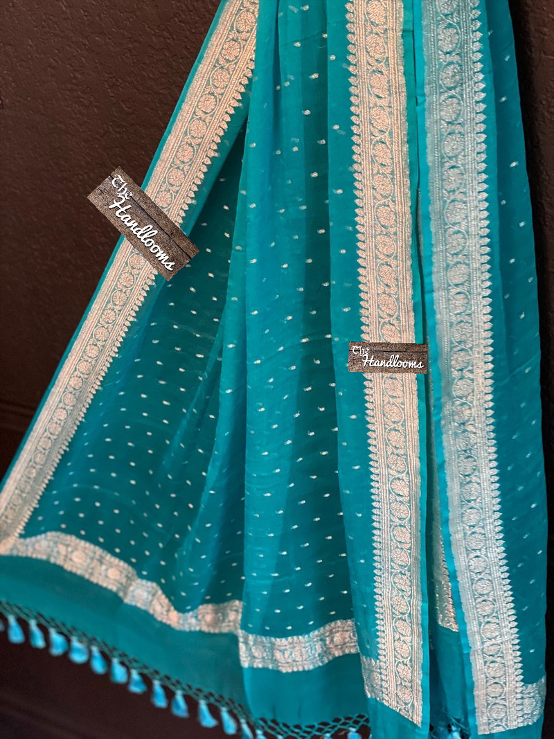 Pure Georgette Handwoven Dupatta - Firozi silver zari - The Handlooms