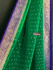 Pure Georgette Handwoven Dupatta - Green purple silver zari - The Handlooms
