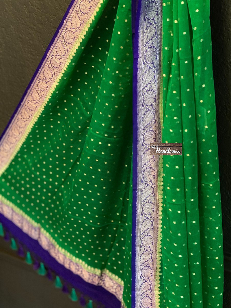 Pure Georgette Handwoven Dupatta - Green purple silver zari - The Handlooms
