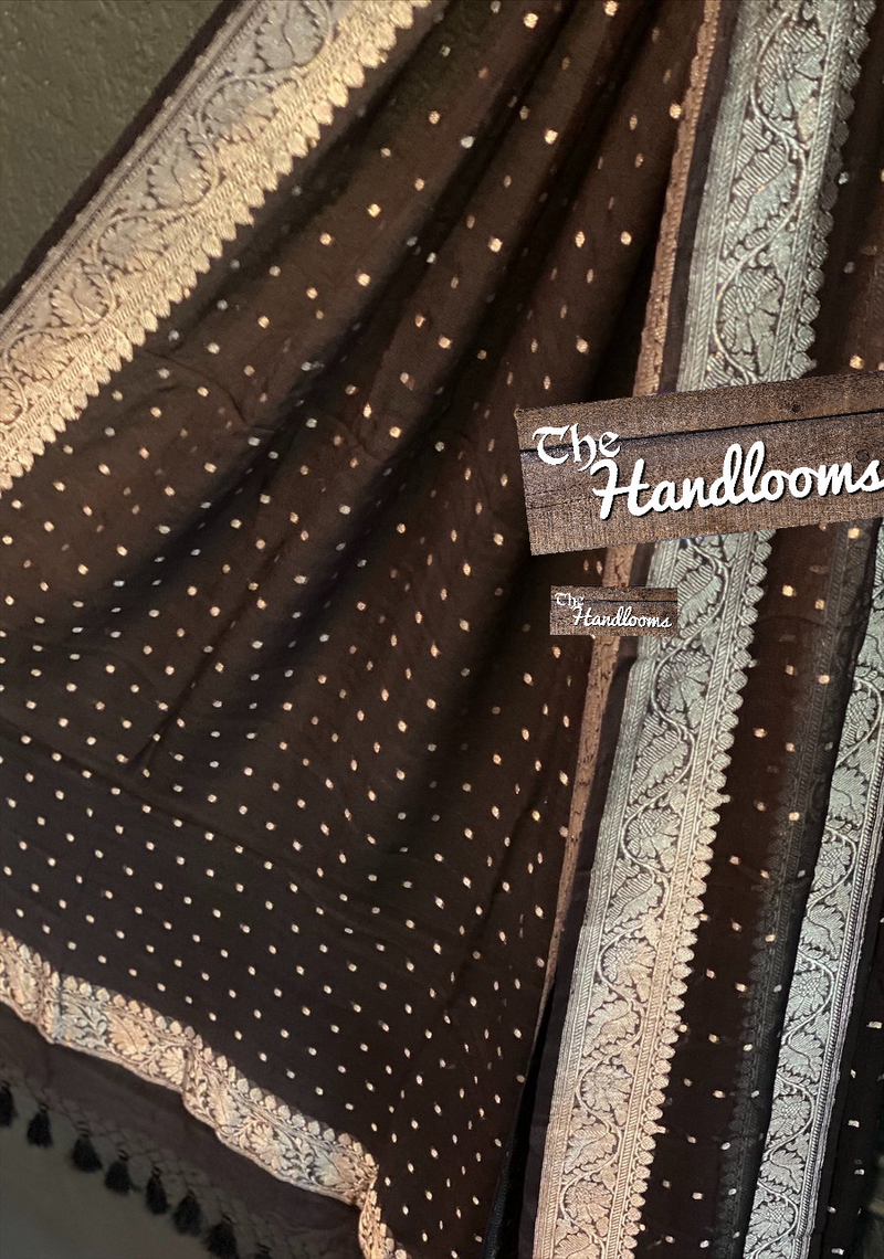 Pure Georgette Dupatta - Black silver zari - The Handlooms