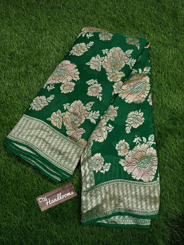 Khaddi Georgette Handloom Banarasi Saree - Green - The Handlooms