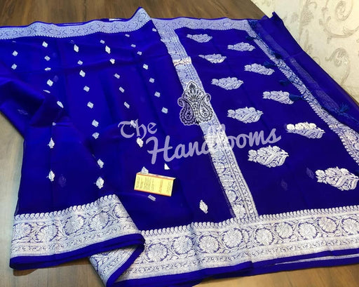 Pure Georgette Banarasi Handloom Saree - Blue - The Handlooms