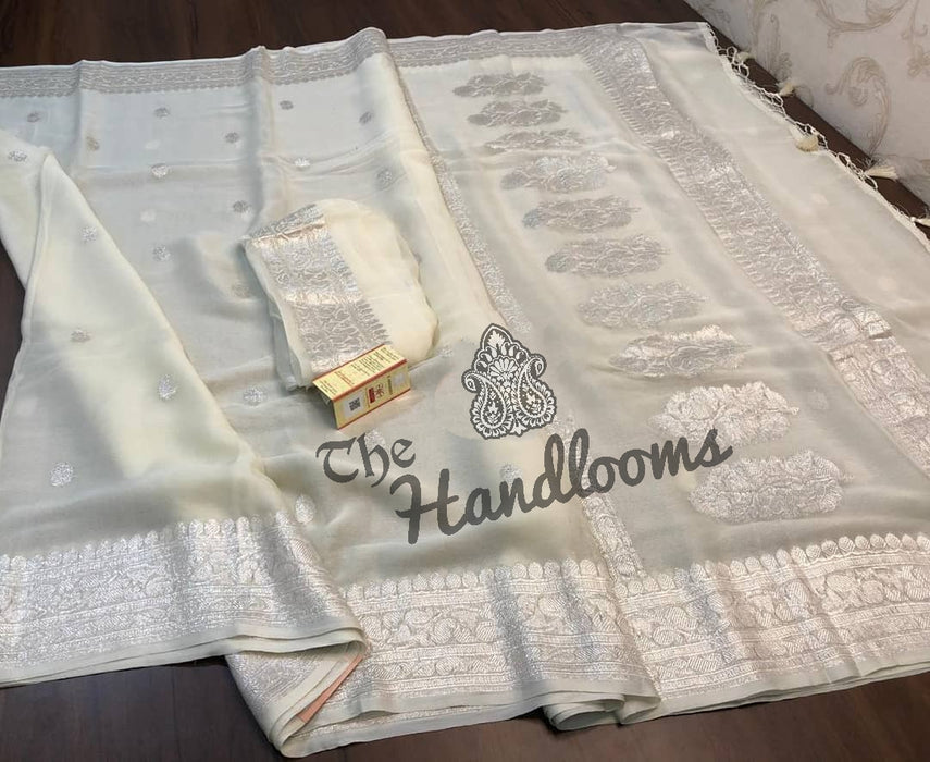 Pure Georgette Banarasi Handloom Saree - Off-white - The Handlooms