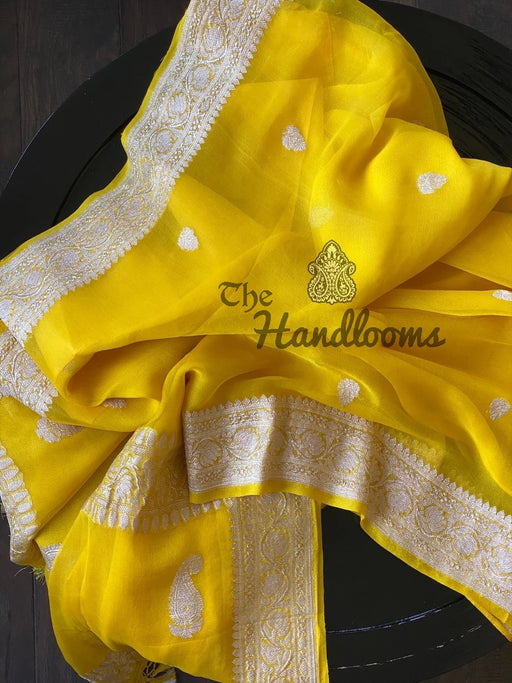 Pure Georgette Banarasi Handloom Saree - Yellow - The Handlooms