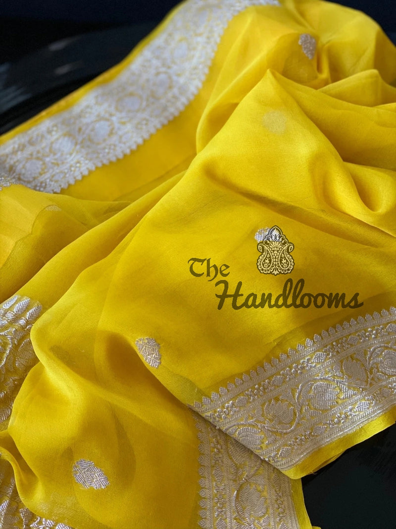 Pure Georgette Banarasi Handloom Saree - Yellow - The Handlooms