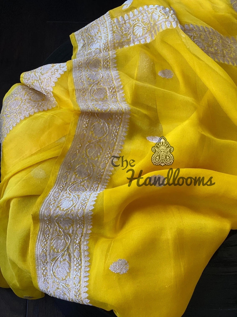 Pure Georgette Banarasi Handloom Saree - Yellow - The Handlooms