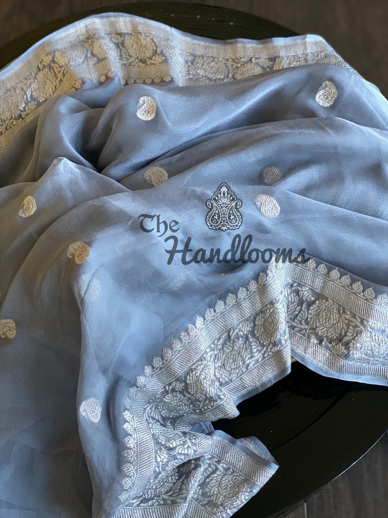 Pure Georgette Banarasi Saree - Grey - The Handlooms