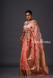 Peach Pure Kora Handloom Banarasi Saree - The Handlooms