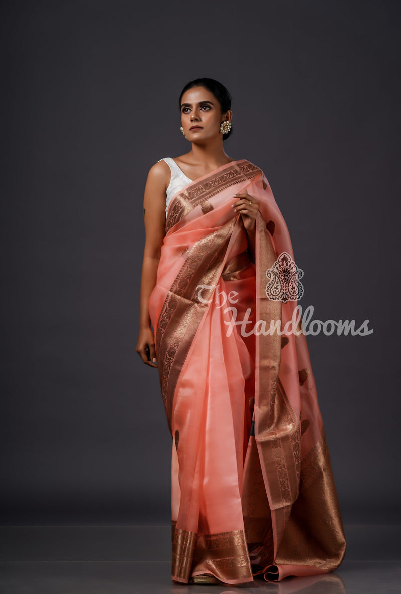 Peach Pure Kora Handloom Banarasi Saree - The Handlooms