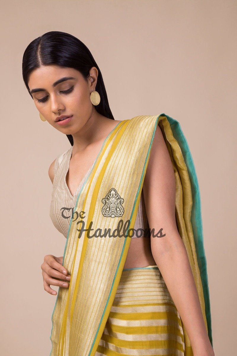 Khaddi Georgette Handloom Banarasi Saree - Yellow - The Handlooms