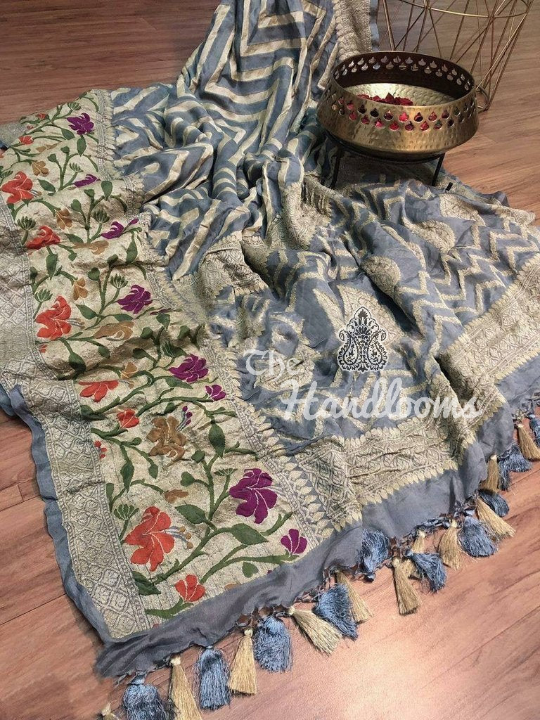 Grey Pure Chiffon Khaddi Banarasi Saree - The Handlooms