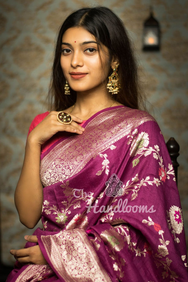 Tussar Georgette Handloom Banarasi Saree - All over Jaal Work with meenakari - The Handlooms