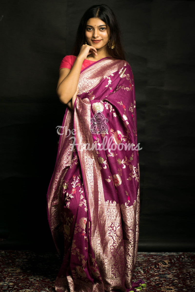 Tussar Georgette Handloom Banarasi Saree - All over Jaal Work with meenakari - The Handlooms