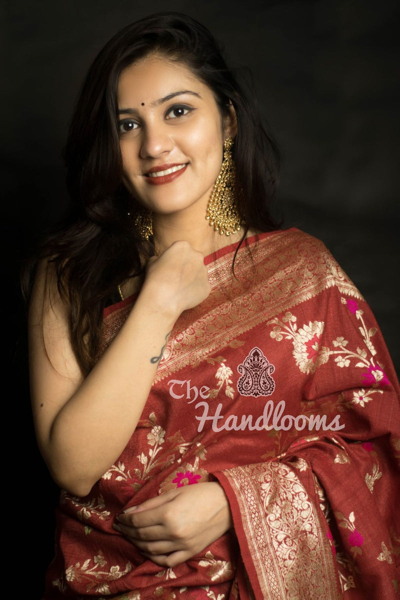 Tussar Georgette Handloom Banarasi Saree - All over Jaal Work with meenakari - The Handlooms