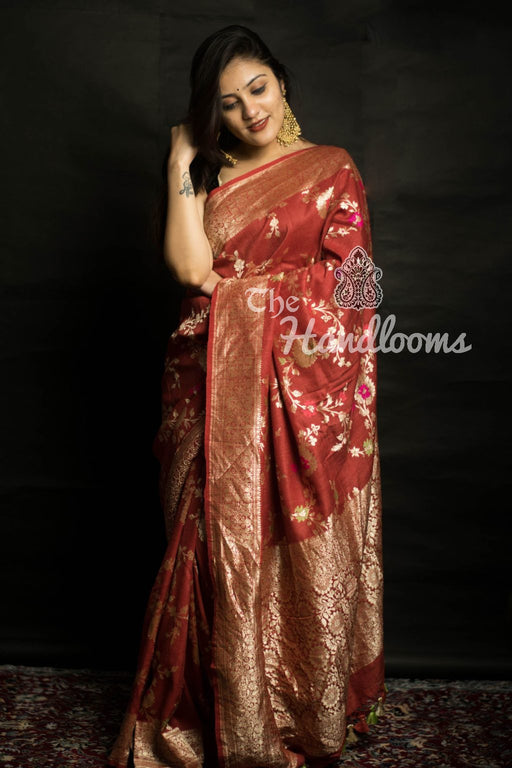 Pure Georgette Viscose Silk Saree Red Color With Embroidery Work - Bridal Banarasi  Saree - Saree
