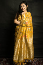 Mustard Yellow Tussar Georgette Handloom Banarasi Saree - All over Jaal Work with meenakari - The Handlooms
