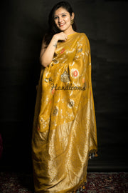 Mustard Yellow Tussar Georgette Handloom Banarasi Saree - All over Jaal Work with meenakari - The Handlooms