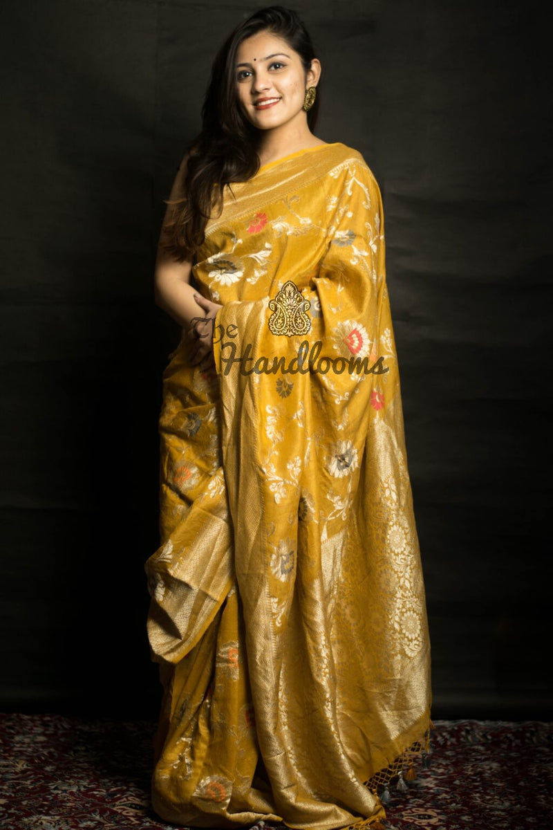 Mustard Yellow Tussar Georgette Handloom Banarasi Saree - All over Jaal Work with meenakari - The Handlooms