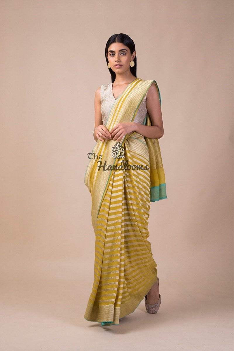 Khaddi Georgette Handloom Banarasi Saree - Yellow - The Handlooms