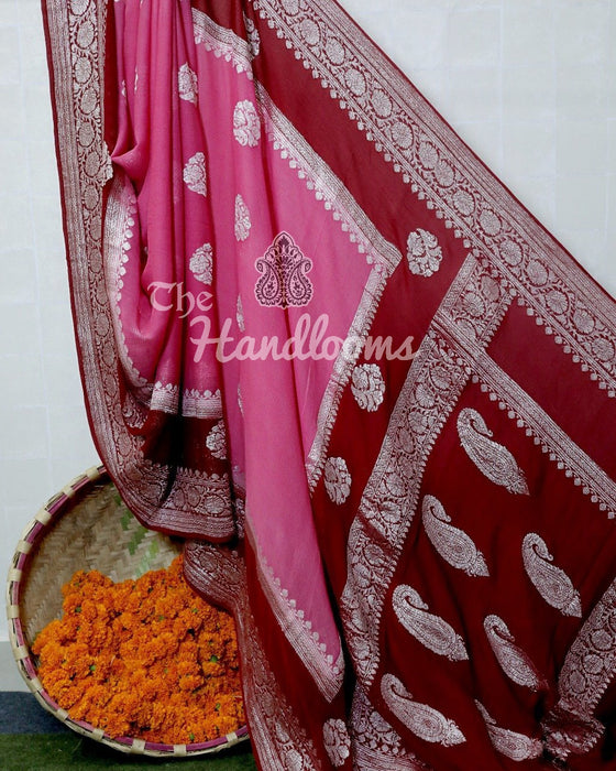 Pure Georgette Banarasi Handloom Saree - pink