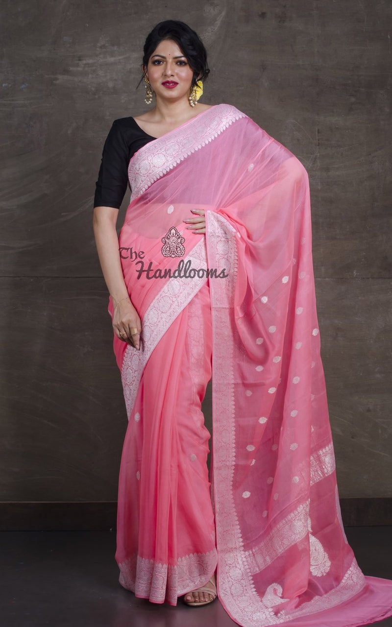 Pure Georgette Banarasi Saree - Pink - The Handlooms