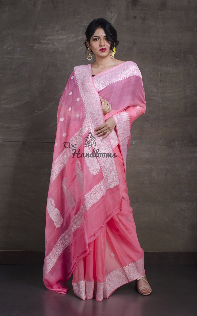 Pure Georgette Banarasi Saree - Pink - The Handlooms