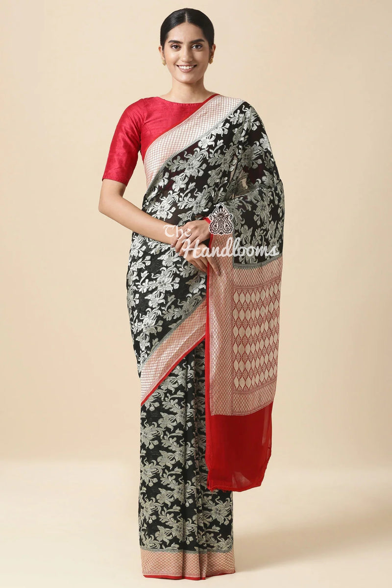 Khaddi Georgette Handloom Banarasi Saree - Black - The Handlooms