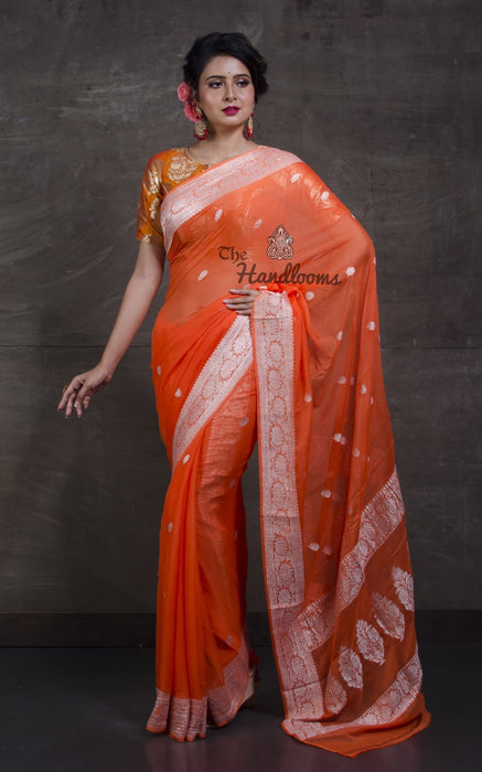 Pure Georgette Banarasi Saree - Orange - The Handlooms