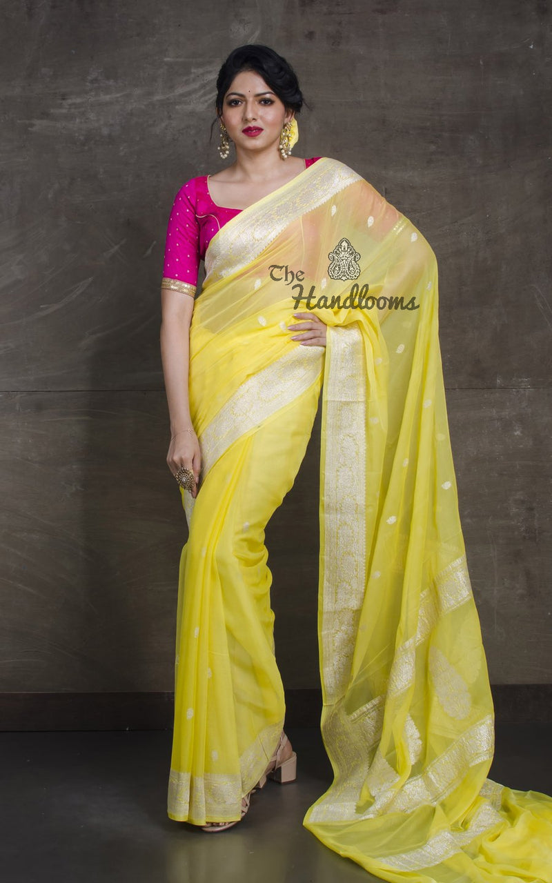 Pure Georgette Banarasi Saree - Lemon - The Handlooms