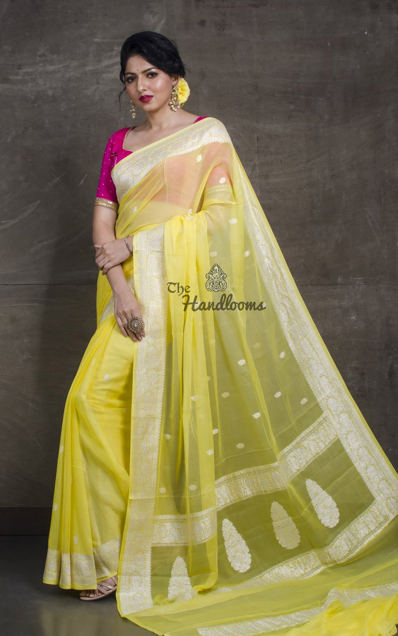Pure Georgette Banarasi Saree - Lemon - The Handlooms