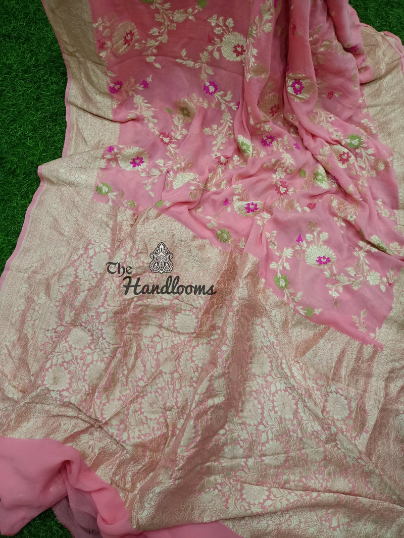Pink Khaddi Georgette Handloom Banarasi Saree - All over jaal work with meenakari - The Handlooms