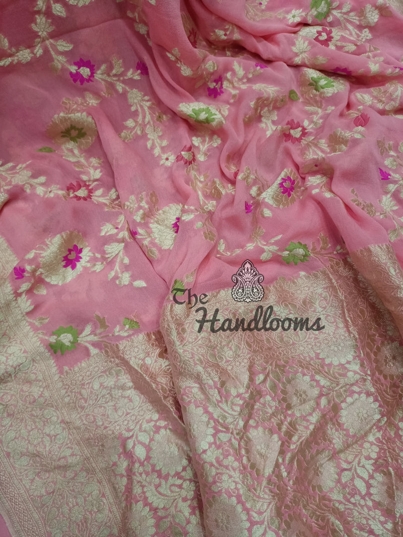 Pink Khaddi Georgette Handloom Banarasi Saree - All over jaal work with meenakari - The Handlooms
