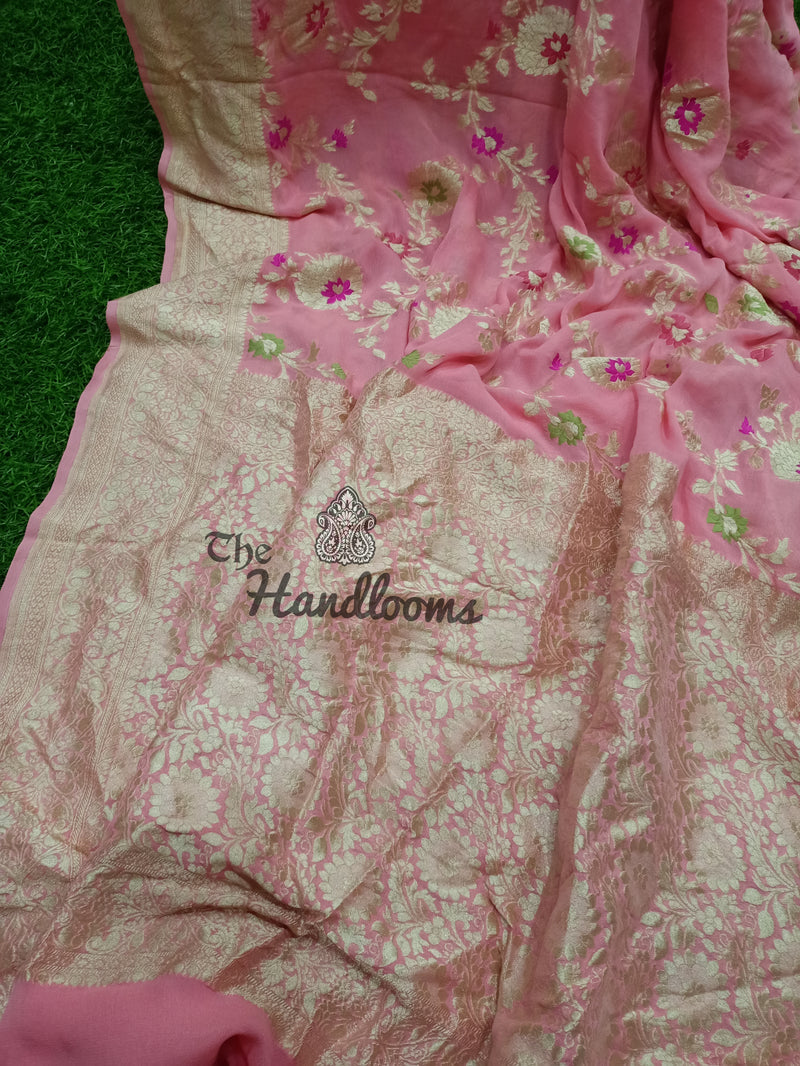 Pink Khaddi Georgette Handloom Banarasi Saree - All over jaal work with meenakari - The Handlooms