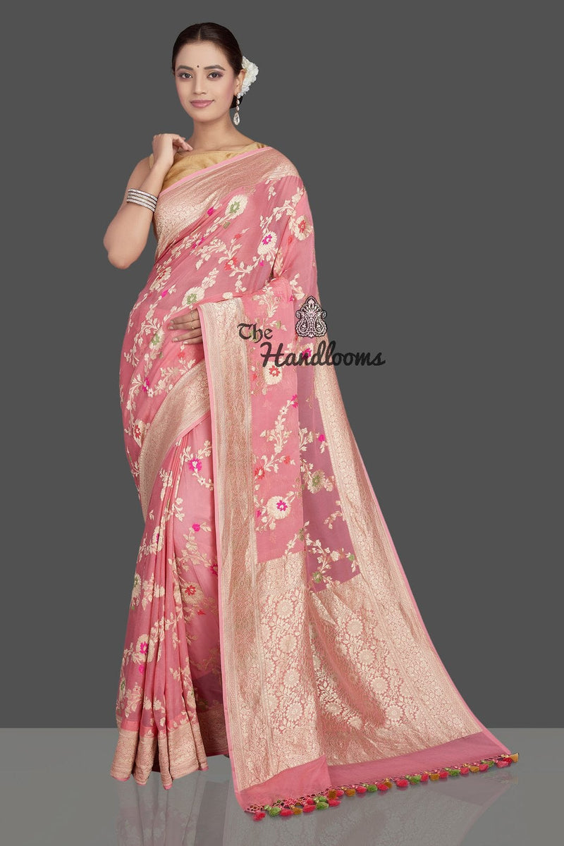 Pink Khaddi Georgette Handloom Banarasi Saree - All over jaal work with meenakari - The Handlooms