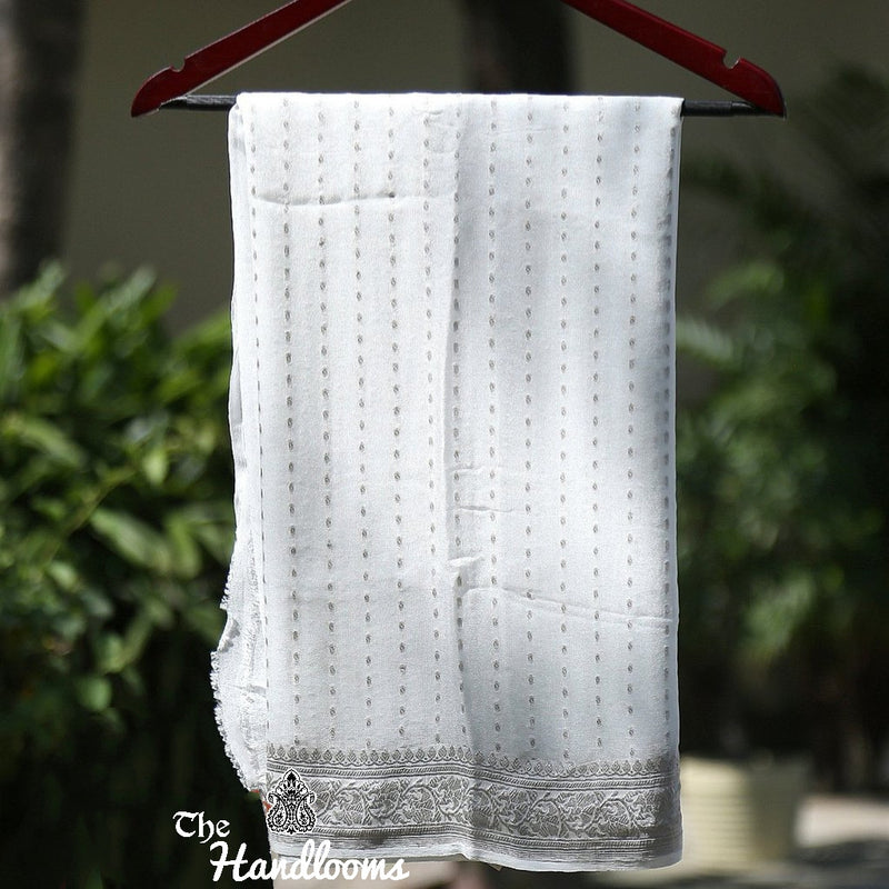 Pure Georgette Handwoven Dupatta - White silver zari - The Handlooms