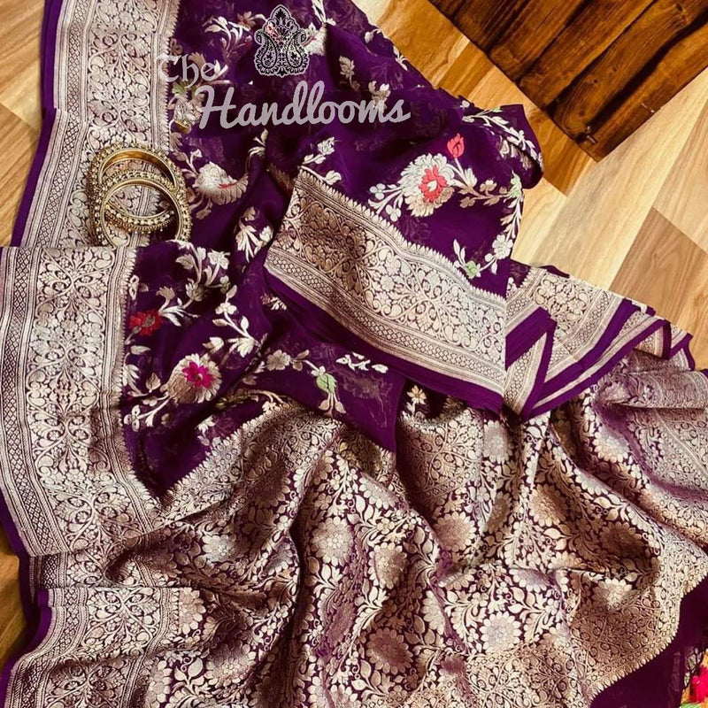 Khaddi Georgette Handloom Banarasi Saree - All Over Jaal Work with meenakari - The Handlooms