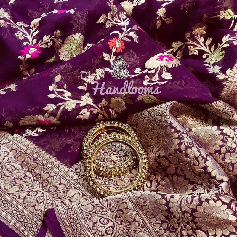Khaddi Georgette Handloom Banarasi Saree - All Over Jaal Work with meenakari - The Handlooms