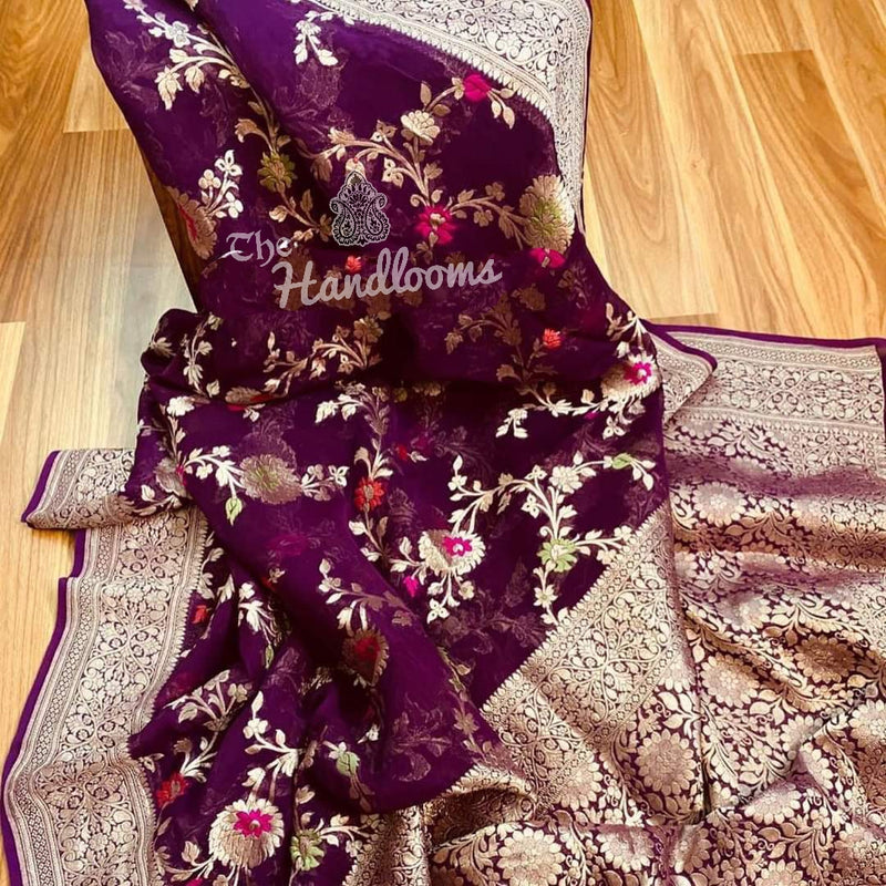 Khaddi Georgette Handloom Banarasi Saree - All Over Jaal Work with meenakari - The Handlooms