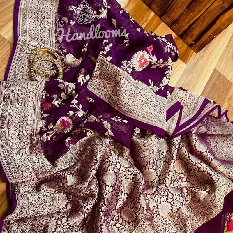 Khaddi Georgette Handloom Banarasi Saree - All Over Jaal Work with meenakari - The Handlooms