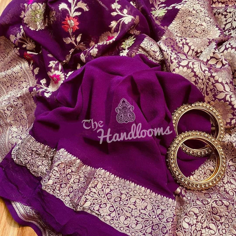 Khaddi Georgette Handloom Banarasi Saree - All Over Jaal Work with meenakari - The Handlooms