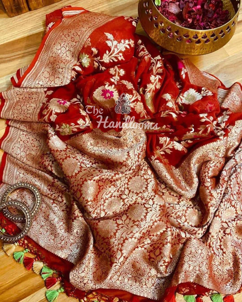Khaddi Georgette Handloom Banarasi Saree - All over Jaal Work with meenakari - The Handlooms