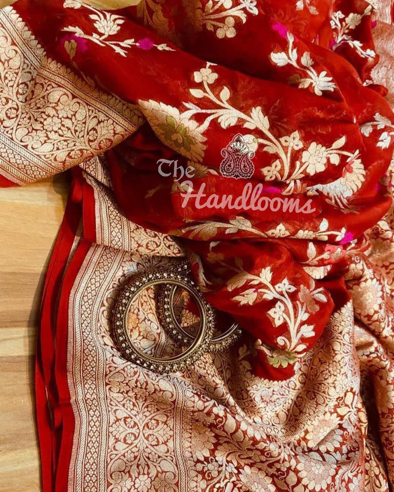Khaddi Georgette Handloom Banarasi Saree - All over Jaal Work with meenakari - The Handlooms