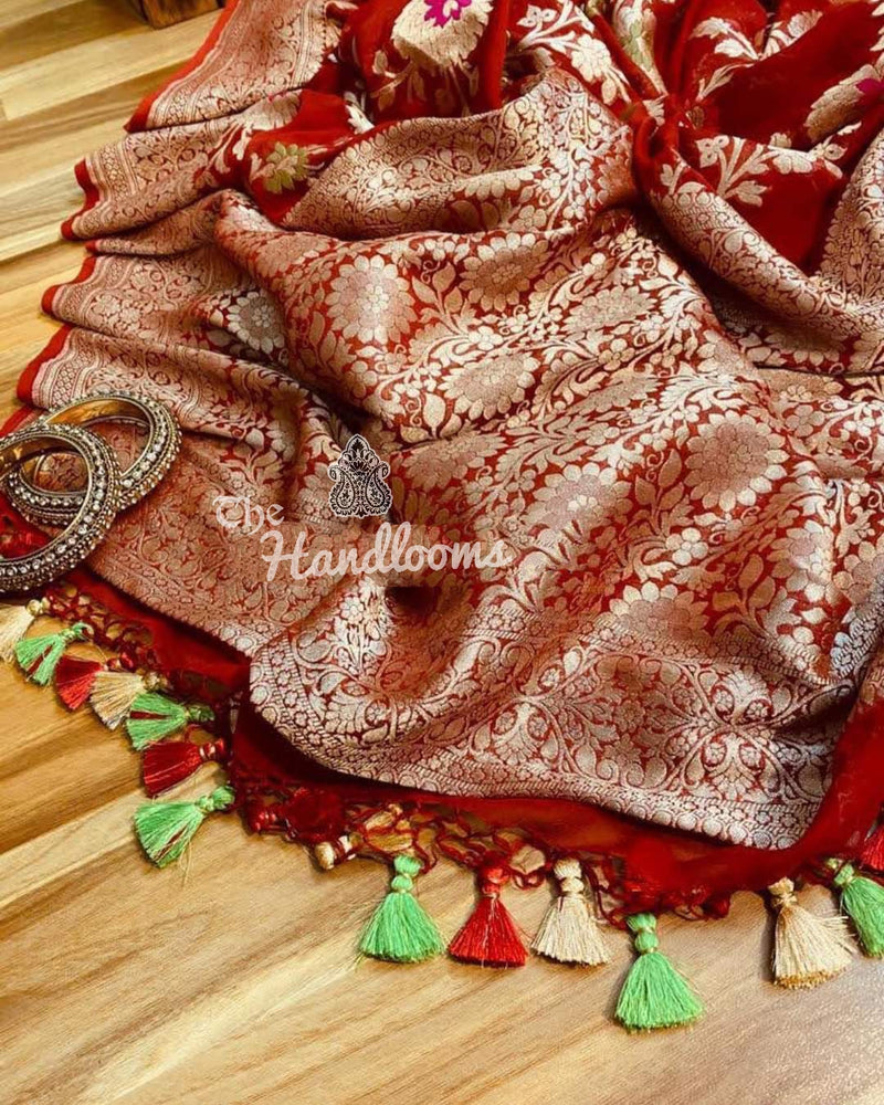 Khaddi Georgette Handloom Banarasi Saree - All over Jaal Work with meenakari - The Handlooms