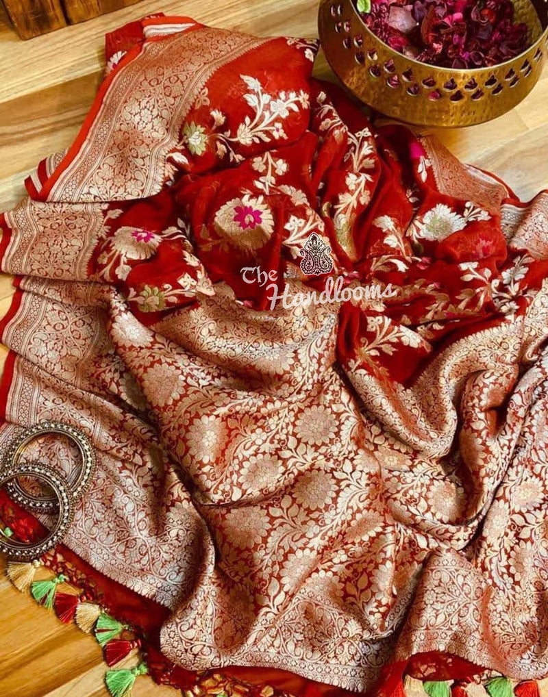 Khaddi Georgette Handloom Banarasi Saree - All over Jaal Work with meenakari - The Handlooms